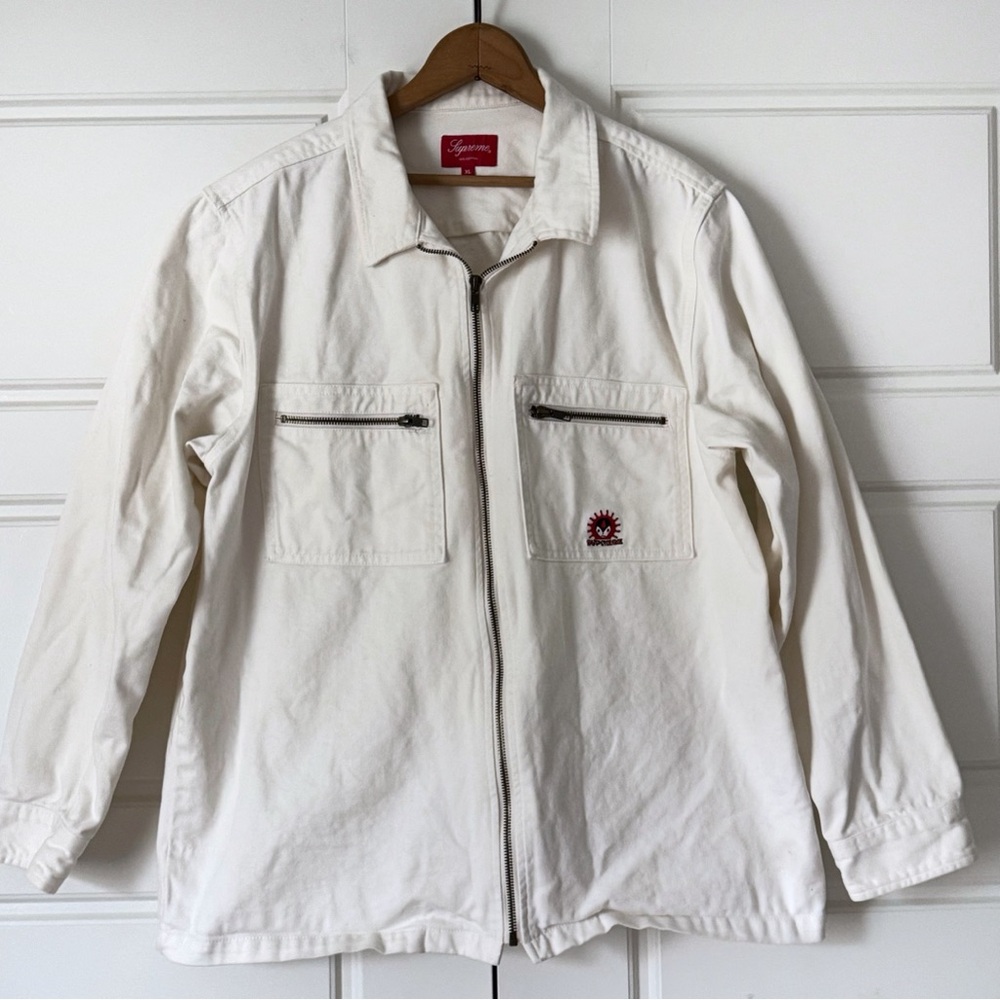 Supreme Zip Up Denim Shirt Mens XL Off White Vampire Alien 2018 Pockets RARE